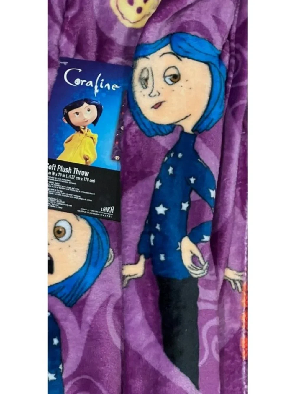 Coraline Soft Plush Throw Blanket 50 x 70 Purple Black Cat Buttons Laika NWT
